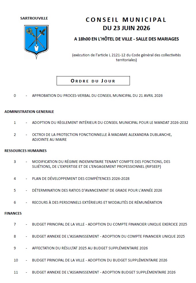 Prochain conseil municipal : mardi 23 juin - 18h00 - Mairie odj 1